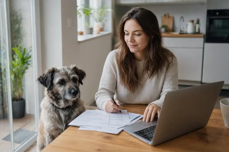 Ein Chortaj Hund sitzt entspannt neben seinem Besitzer am Küchentisch mit Versicherungsunterlagen und einem Laptop.