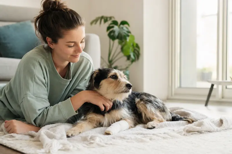Ein Chortaj Hund mit einem leichten Verband an der Pfote liegt ruhig auf einer Decke, während sein Besitzer erleichtert daneben sitzt.