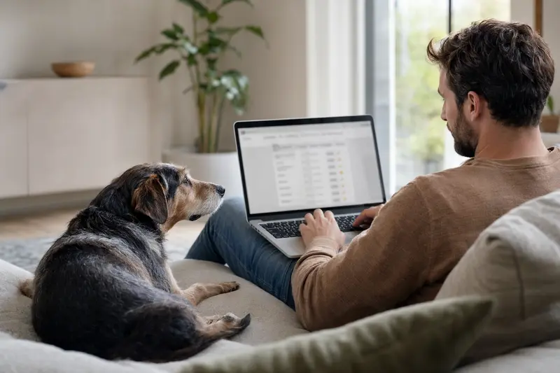 Ein Besitzer arbeitet mit einem Laptop auf dem Sofa, während ein Chortaj Hund daneben sitzt, was Sicherheit und die Auswahl einer Tierversicherung zeigt.