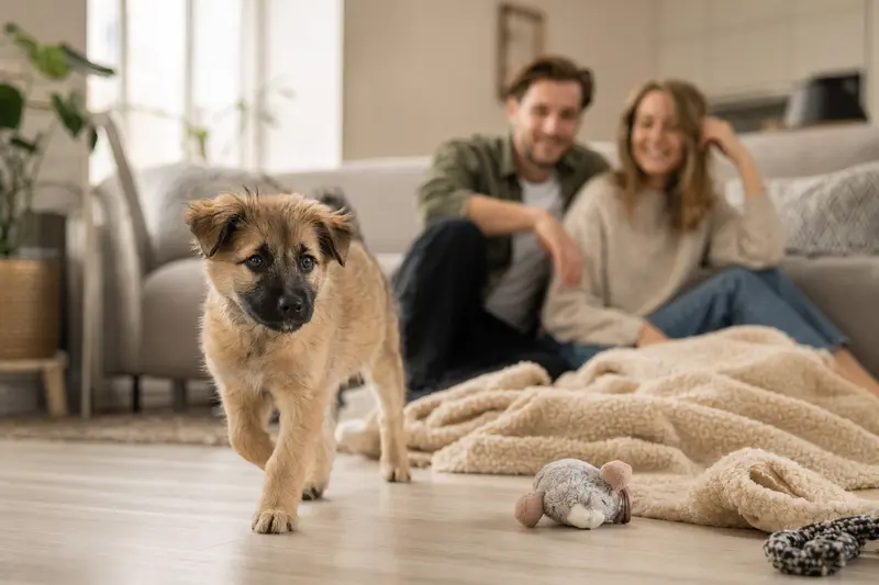Ein Chortaj Welpe erkundet neugierig seine neue Wohnung mit Spielzeug und einer liebevollen Familie im Hintergrund.