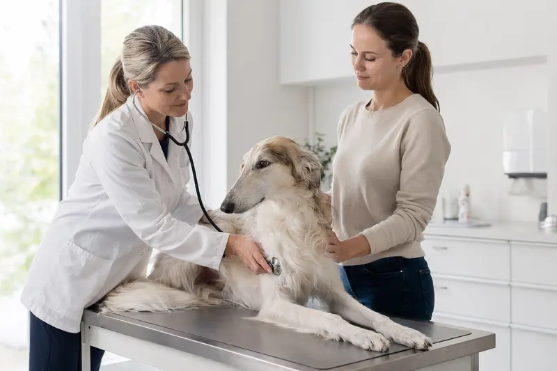 Ein ruhiger Chortaja Borzaja Hund wird von einer freundlichen Tierärztin in einer modernen Tierarztpraxis untersucht.