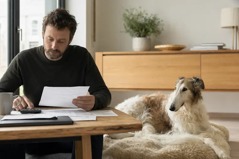Ein Hundebesitzer sitzt mit einer Tierarztrechnung am Tisch, während ein entspannter Chortaja Borzaja auf einer Decke liegt und das Thema Hundekrankenversicherung ruhig und sachlich vermittelt.