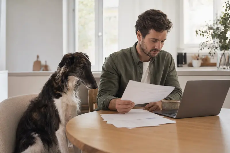 Ein Chortaja Borzaja Hund sitzt entspannt neben seinem Besitzer am Küchentisch mit Versicherungsunterlagen und einem Laptop.