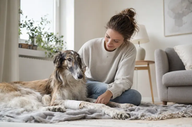 Ein Chortaja Borzaja Hund mit einem leichten Verband an der Pfote liegt entspannt auf einer Decke neben seinem erleichterten Besitzer in einer hellen Wohnung.
