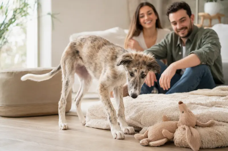Ein junger Chortaja Borzaja Welpe erkundet neugierig seine neue Umgebung auf einer weichen Decke, während eine liebevolle Familie im Hintergrund seine Freude teilt.