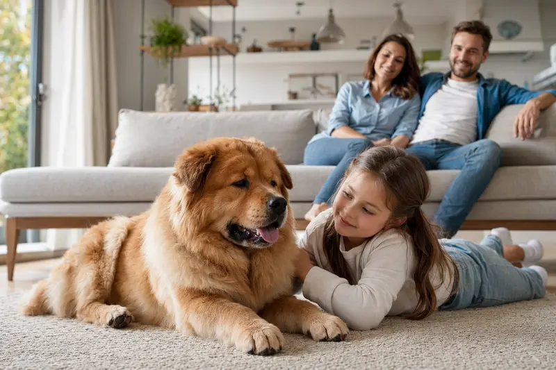 Ein entspannter Chow-Chow Hund liegt neben einem Kind in einem gemütlichen Wohnzimmer.