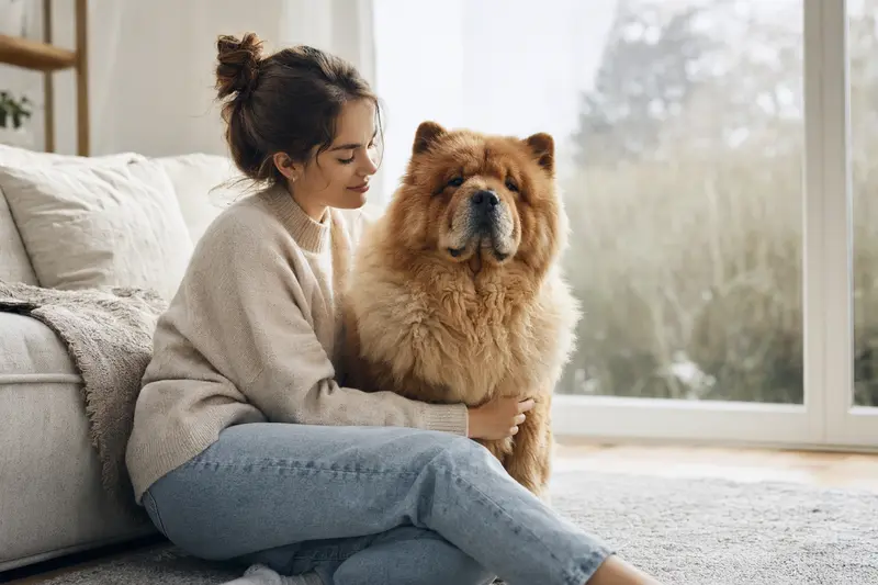 Ein aufmerksamer Chow-Chow Hund steht in natürlicher Haltung vor hellem Hintergrund und zeigt sein typisches dichtes Fell.