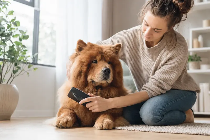 Ein Chow-Chow wird in einer hellen Wohnung sanft gebürstet, während der Besitzer die Fellpflege ruhig und liebevoll übernimmt.