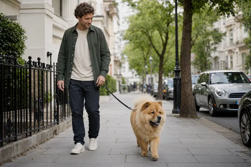 Ein Chow-Chow Hund läuft an der Leine mit seinem Besitzer durch eine moderne Stadtstraße.
