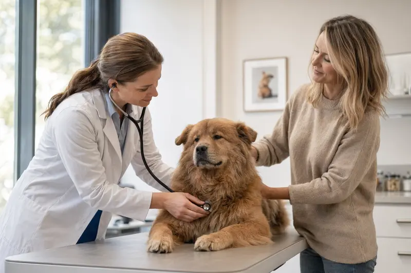 Ruhiger Chow-Chow Hund wird von einer Tierärztin mit Stethoskop in einer modernen Praxis untersucht, während der Besitzer beruhigend daneben steht.