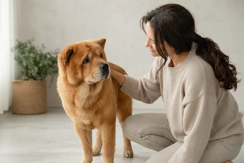 Ein aufmerksam stehender Chow-Chow mit Kurzhaar vor hellem Hintergrund als hochwertiges Tierportrait für einen Ratgeber zu Hundegesundheit und Versicherung.