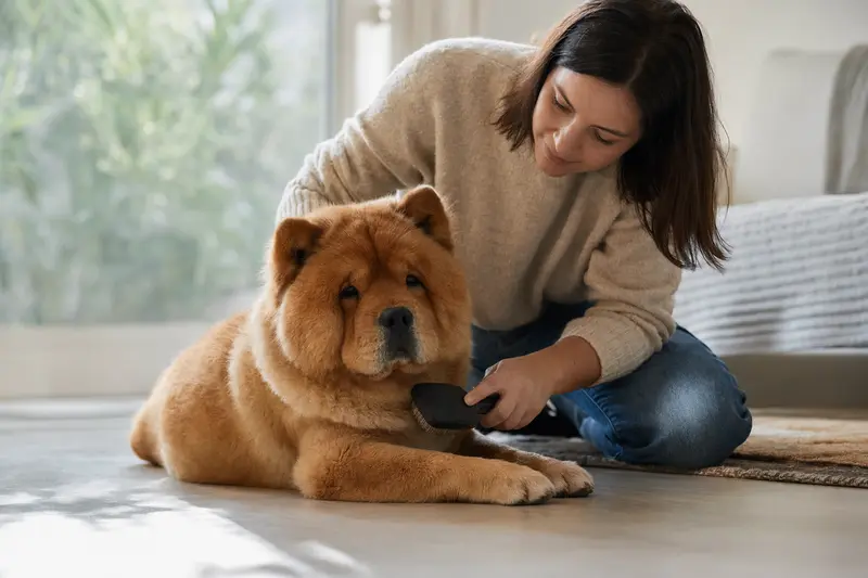 Ein Chow-Chow mit Kurzhaar wird in einer hellen Wohnung liebevoll von seinem Besitzer gebürstet und gepflegt.