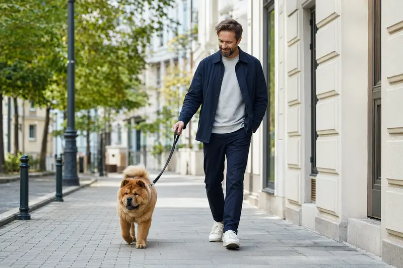 Ein kurzhaariger Chow-Chow läuft entspannt an der Leine mit seinem Besitzer durch eine moderne Stadtstraße.
