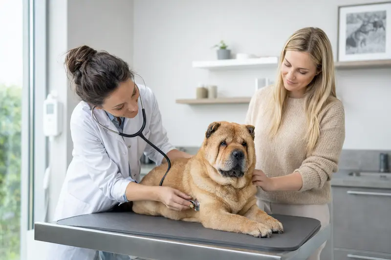 Ein ruhiger Chow-Chow Hund auf einem Untersuchungstisch in einer modernen Tierarztpraxis, während eine freundliche Tierärztin ihn mit einem Stethoskop untersucht.