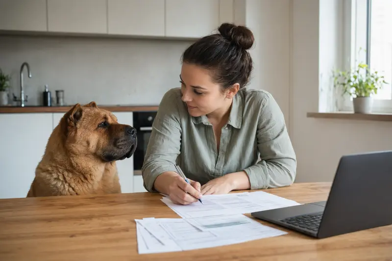 Ein Chow-Chow sitzt ruhig neben seinem Besitzer am Küchentisch mit Versicherungsunterlagen und einem Laptop.
