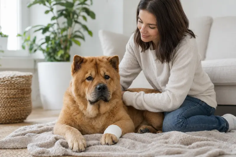 Ein entspannter Chow-Chow liegt mit einem leichten Verband an der Pfote auf einer Decke, während sein Besitzer beruhigt daneben sitzt.
