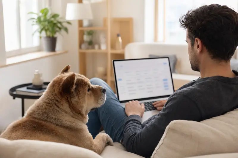 Ein Hundebesitzer sitzt mit einem Chow-Chow auf dem Sofa und nutzt einen Laptop, um Versicherungen zu vergleichen.