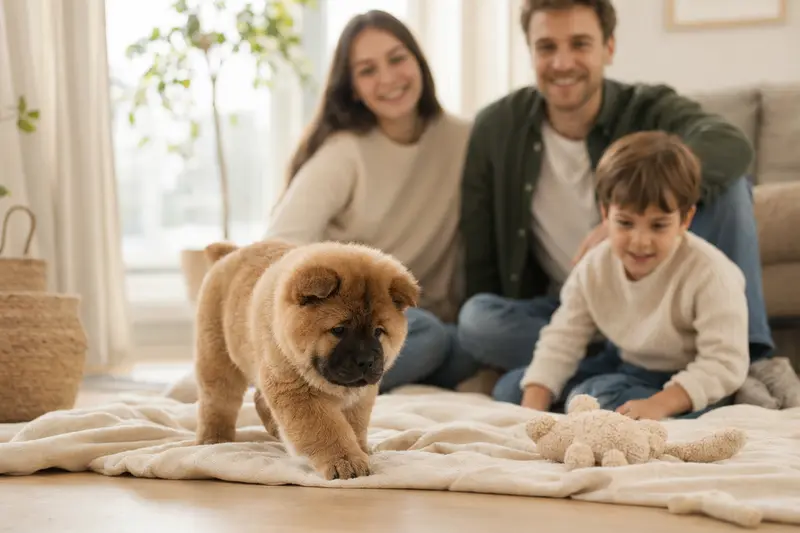 Ein neugieriger Chow-Chow Welpe erkundet sein neues Zuhause mit einer weichen Decke und Spielzeug, während eine liebevolle Familie im Hintergrund zu sehen ist.