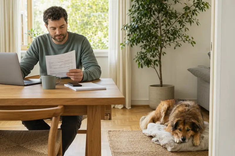 Ein Hundebesitzer sitzt mit einer Tierarztrechnung am Tisch, während ein Chow-Chow entspannt auf einer Decke daneben liegt und das Thema Hundekosten und Absicherung ruhig vermittelt.