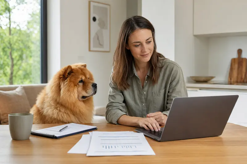 Ein ruhiger Chow-Chow Hund sitzt neben seinem Besitzer am Küchentisch, umgeben von Versicherungsunterlagen und einem Laptop, der eine Vergleichsseite zeigt.