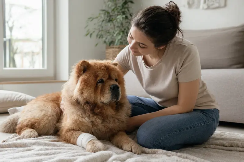 Ein entspannter Chow-Chow Hund liegt mit einem leichten Verband an der Pfote auf einer Decke, während sein erleichterter Besitzer neben ihm sitzt.