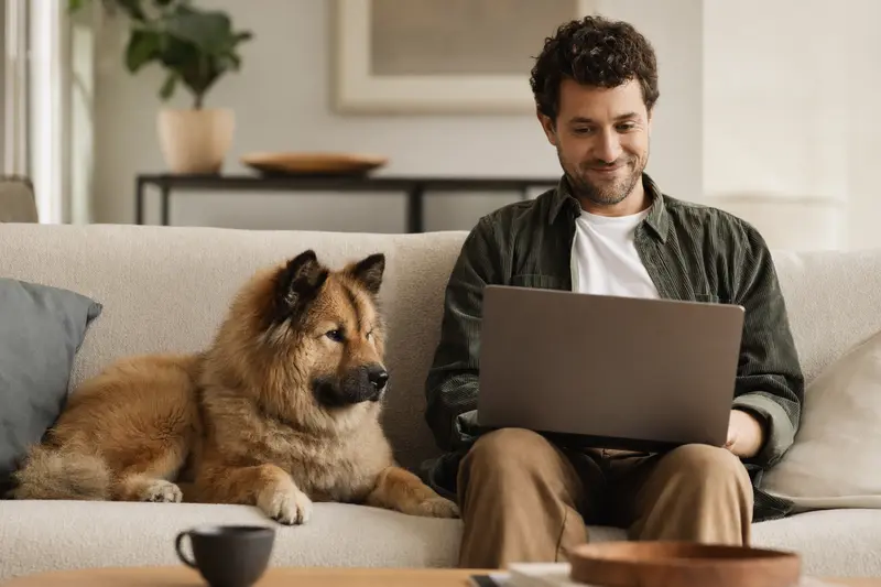 Ein Hundebesitzer sitzt mit einem Chow-Chow auf dem Sofa und vergleicht tierische Versicherungen am Laptop.