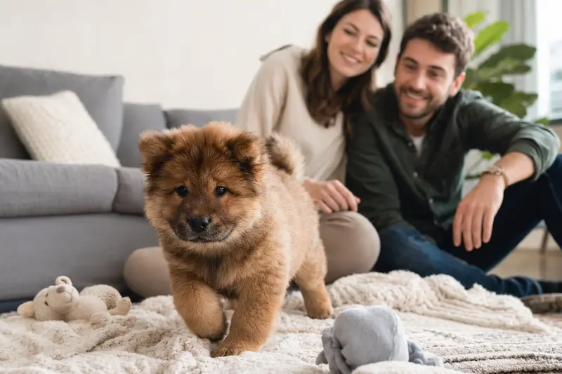 Ein neugieriger Chow-Chow Welpe erkundet sein neues Zuhause mit einer weichen Decke und Spielzeug im Vordergrund.