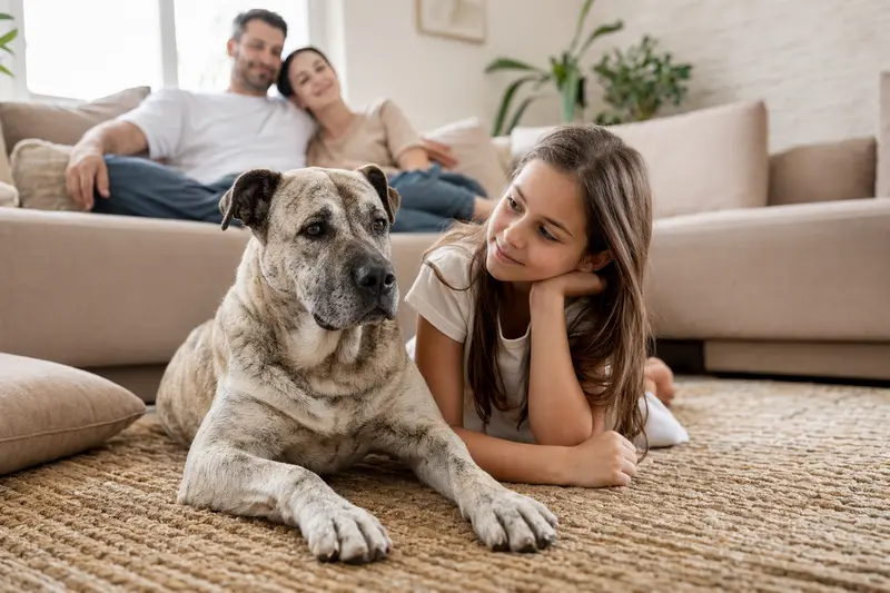 Ein Cimarron Uruguayo Hund liegt entspannt neben einem Kind im hellen Wohnzimmer, während die Eltern im Hintergrund eine sichere Familienatmosphäre schaffen.