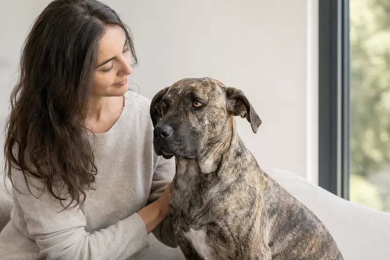 Ein Cimarron Uruguayo Hund steht aufmerksam in natürlicher Haltung vor hellem Hintergrund, als realistisches Portrait für einen Ratgeber zur Hundegesundheit.