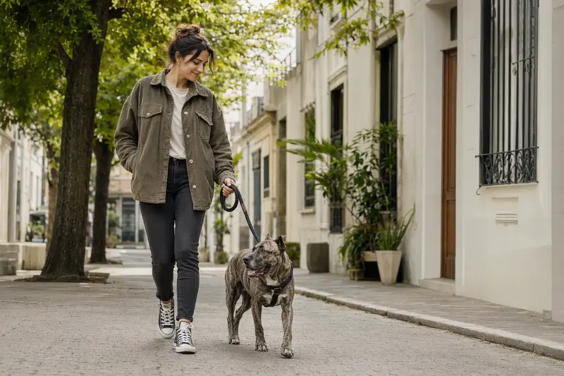 Ein Cimarron Uruguayo läuft angeleint mit seinem Besitzer entspannt durch eine moderne Stadtstraße.