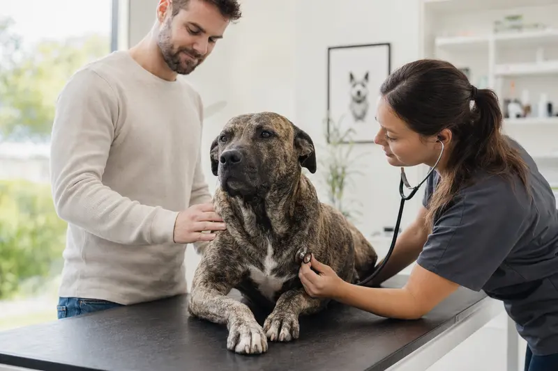 Eine Tierärztin untersucht einen ruhigen Cimarron Uruguayo Hund mit dem Stethoskop, während der Besitzer beruhigend danebensteht.