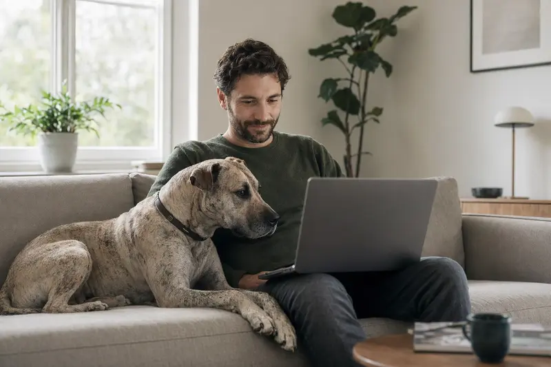 Ein Hund der Rasse Cimarron Uruguayo sitzt neben einem Besitzer auf dem Sofa, während dieser an einem Laptop arbeitet und einen Versicherungsvergleich betrachtet.