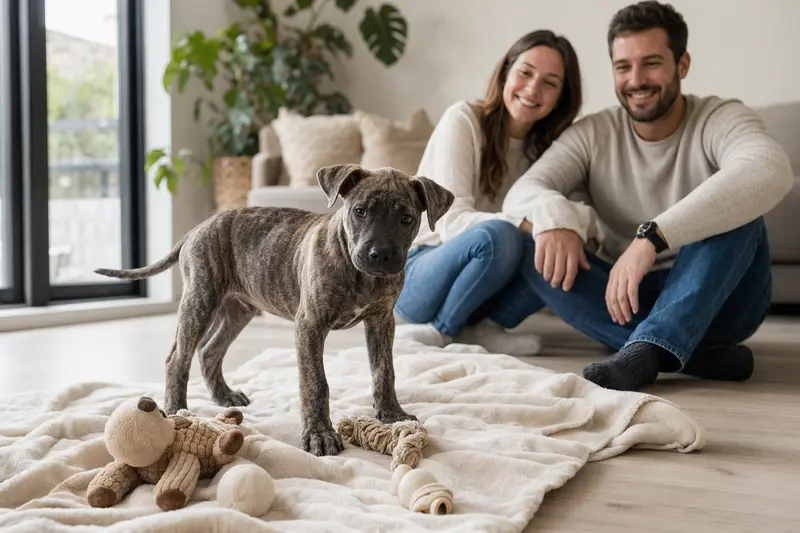 Ein junger Cimarron Uruguayo Welpe erkundet neugierig sein neues Zuhause mit weicher Decke und Spielzeug im Vordergrund.