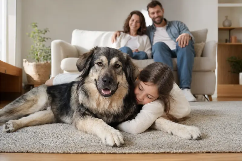 Ein freundlicher Ciobanesc Romanesc Carpatin Hund liegt entspannt neben einem Kind im hellen Wohnzimmer einer Familie.