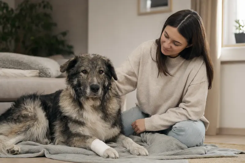 Ciobanesc Romanesc Carpatin mit leicht bandagierter Pfote liegt ruhig auf einer Decke, während sein Besitzer erleichtert neben ihm sitzt.