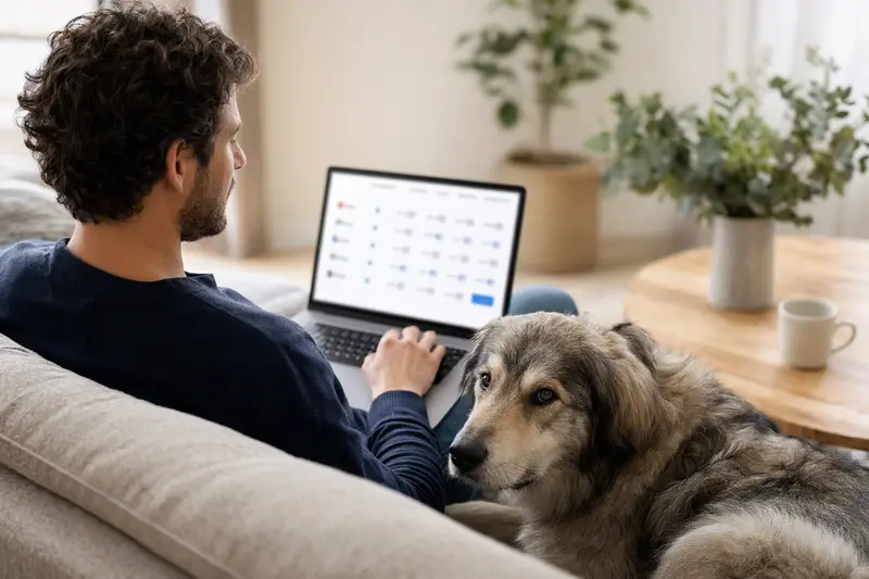 Ein Besitzer arbeitet am Laptop auf dem Sofa, während ein Ciobanesc Romanesc Carpatin danebenliegt und eine neutrale Versicherungsvergleichsseite im Hintergrund zu sehen ist.