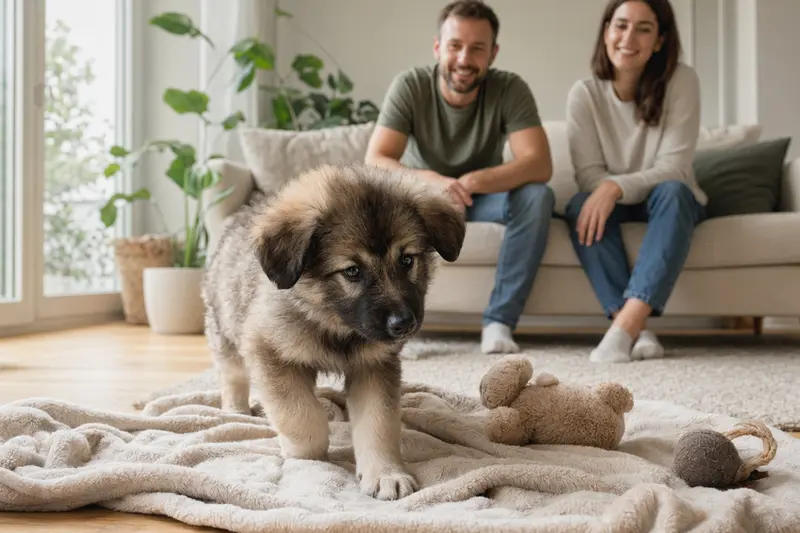 Ein junger Ciobanesc Romanesc Carpatin Welpe entdeckt neugierig sein neues Zuhause mit weicher Decke und Spielzeug in einer hellen Wohnung.