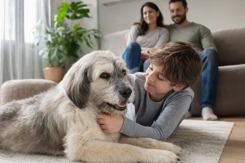 Ein freundlicher Ciobanesc Romanesc Mioritic Hund entspannt neben einem Kind in einem lichtdurchfluteten Wohnzimmer.