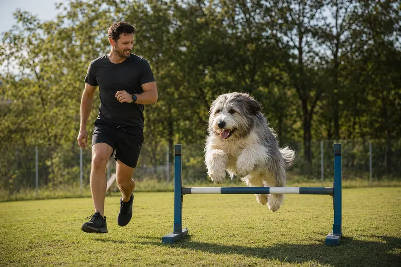 Ein Ciobanesc Romanesc Mioritic springt mit seinem Besitzer über eine kleine Trainingshürde auf dem Hundeplatz.