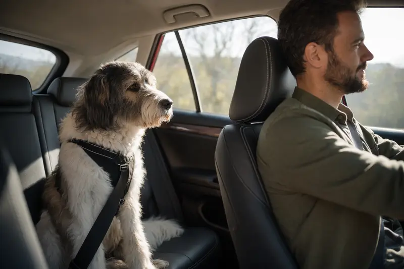 Ein Ciobanesc Romanesc Mioritic Hund sitzt angeschnallt auf der Rückbank eines Autos, während sein Besitzer fährt.