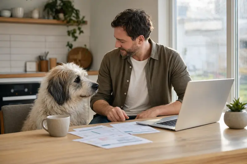 Ein Ciobanesc Romanesc Mioritic Hund sitzt friedlich neben seinem Besitzer am Küchentisch, auf dem ein Laptop und Versicherungsunterlagen liegen.