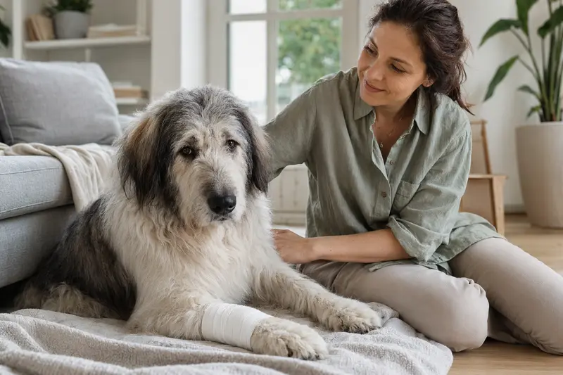 Ein Ciobanesc Romanesc Mioritic Hund mit Verband liegt entspannt auf einer Decke neben seinem erleichterten Besitzer in einer hellen Wohnung.