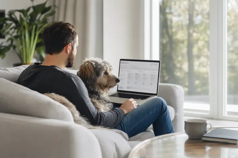 Ein Hundehalter sitzt mit einem Laptop auf dem Sofa, während ein Ciobanesc Romanesc Mioritic neben ihm entspannen.