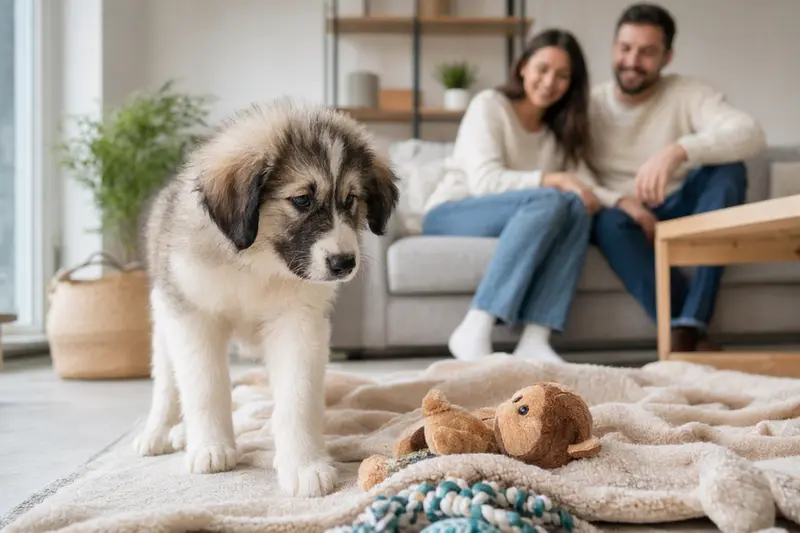 Ein junger Ciobanesc Romanesc Mioritic Welpe entdeckt neugierig sein neues Zuhause mit Spielzeug und einer liebevollen Familie im Hintergrund.