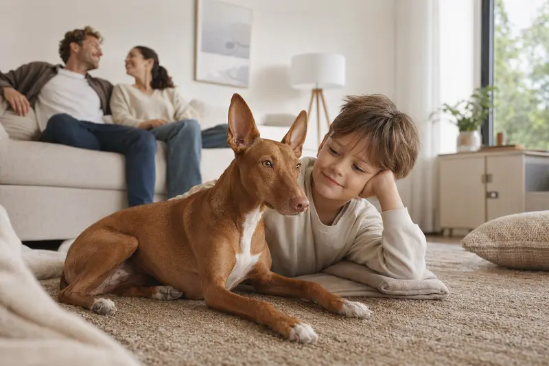 Ein freundlicher Cirneco dell'Etna Hund liegt entspannt neben einem Kind im Wohnzimmer.