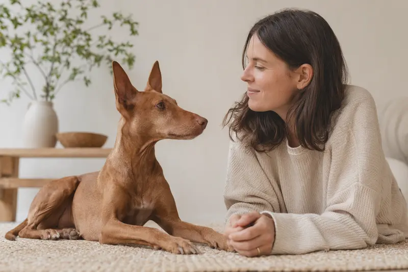 Ein Cirneco dell'Etna Hund steht aufmerksam in natürlicher Haltung vor hellem Hintergrund und zeigt die typische elegante Körperform der Rasse.