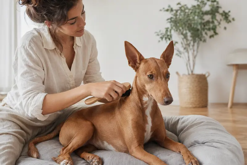 Ein Cirneco dell'Etna wird zuhause sanft gebürstet, während sein Besitzer aufmerksam die Fellpflege übernimmt.