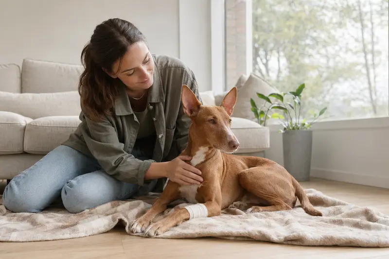 Ein Cirneco dell'Etna Hund mit leichtem Verband an der Pfote liegt entspannt auf einer Decke, während sein Besitzer erleichtert daneben sitzt.