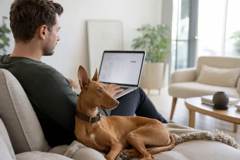Ein Hundehalter arbeitet am Laptop auf dem Sofa, während ein Cirneco dell'Etna Hund an seiner Seite sitzt.