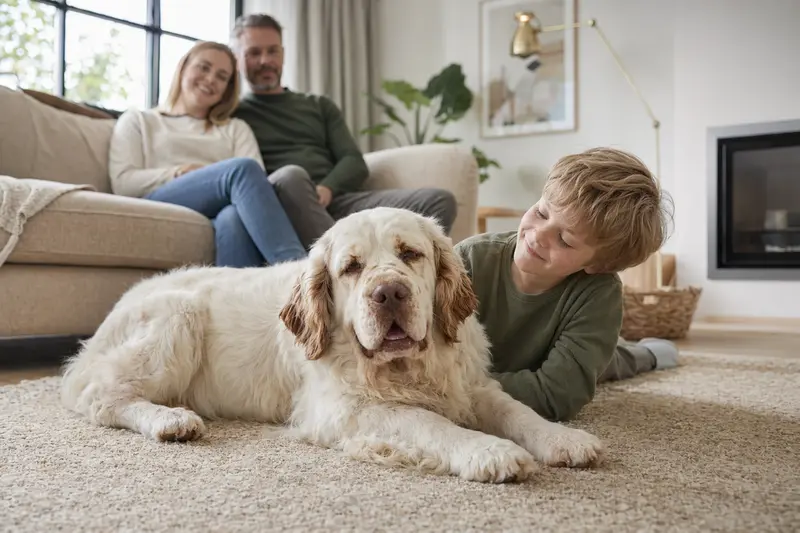 Ein Clumber-Spaniel Hund liegt entspannt neben einem Kind im Wohnzimmer und vermittelt eine vertrauensvolle Familienatmosphäre.